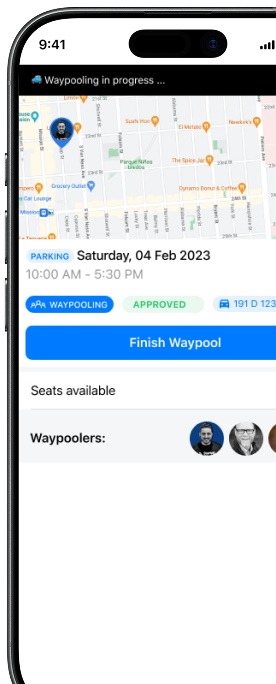 Smartphone screen displays a waypooling app with a map, trip details for February 4, 2023, seat availability, and profile images of waypoolers.