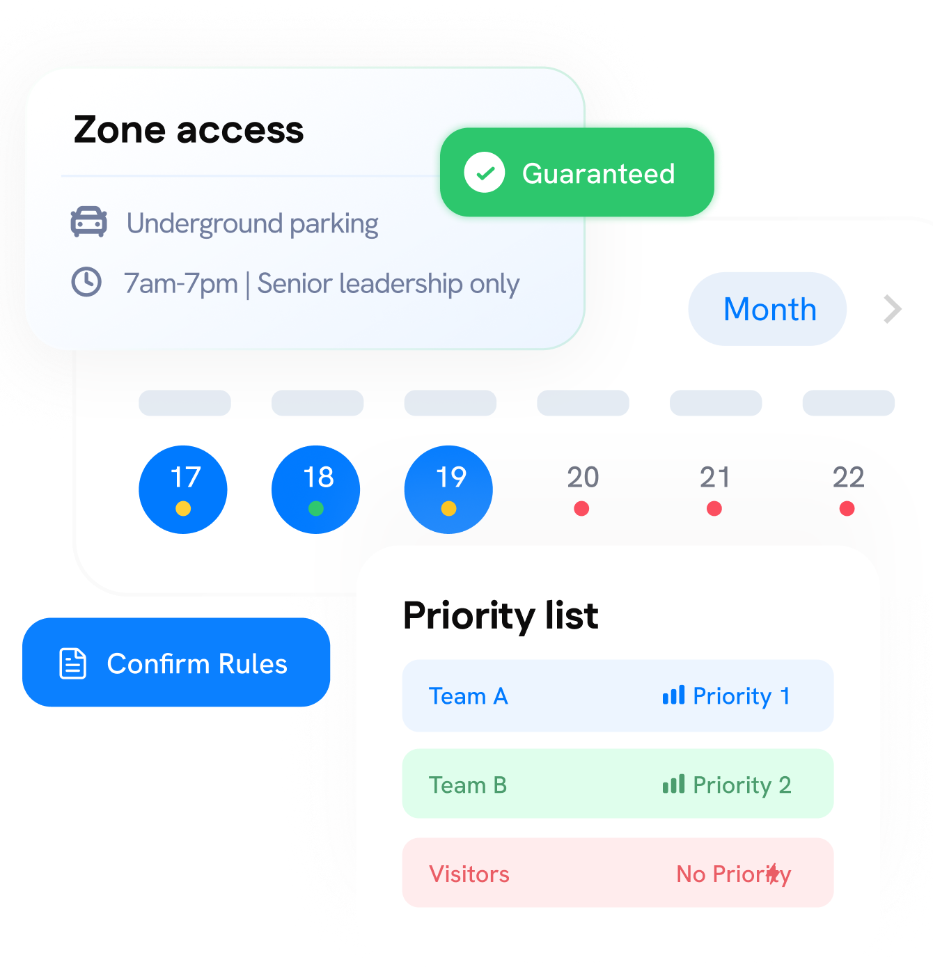 Interface showing zone access details for underground parking, calendar dates, a "Confirm Rules" button, and a priority list with Team A, Team B, and Visitors.