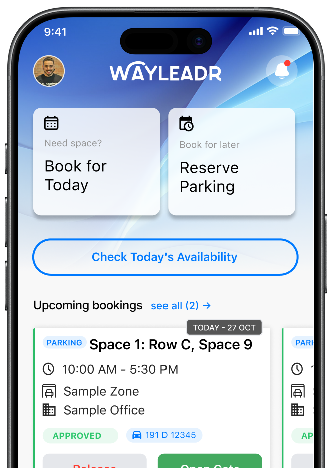 A smartphone screen shows a parking reservation app with options to book or reserve parking and details of a confirmed booking for "Space 1: Row C, Space 9" at an office location.