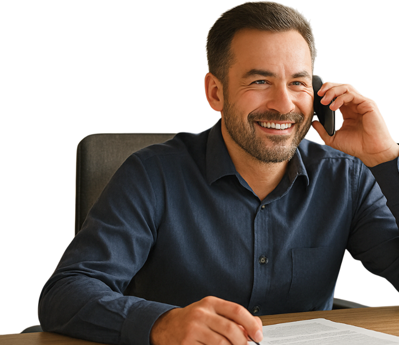 Man in a dark blue shirt sitting at a desk, smiling while talking on a smartphone and holding a pen over a document.