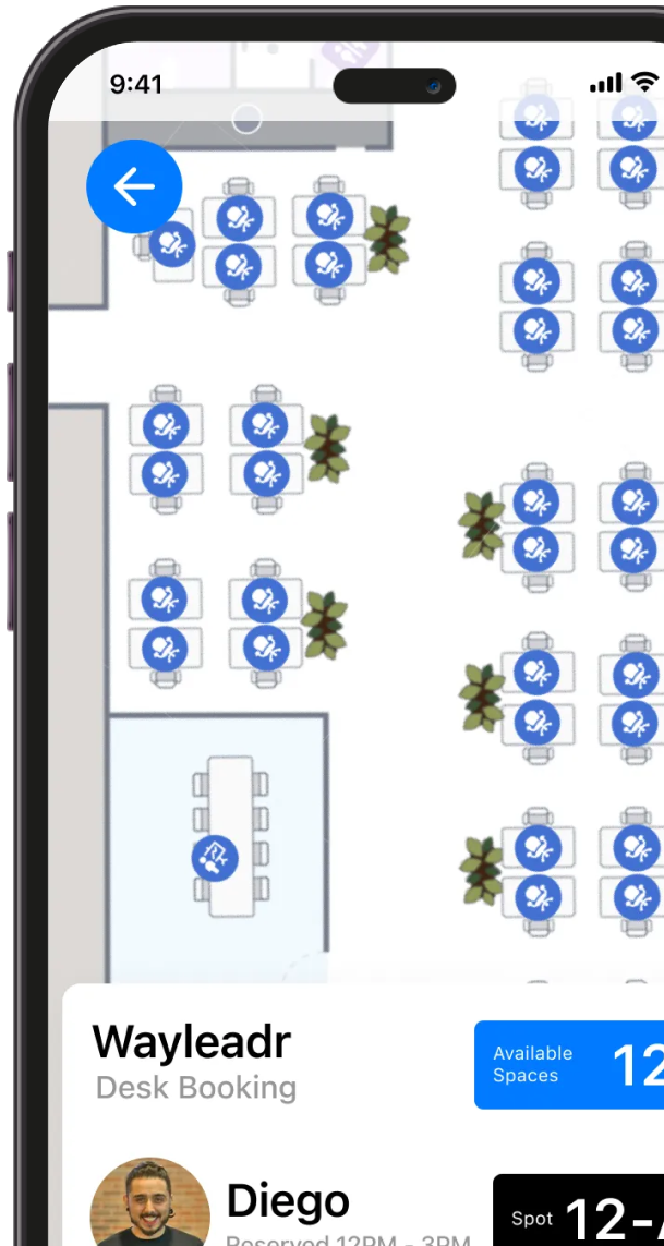 A smartphone screen shows a desk booking app with a floor plan of available and occupied desks, some marked with user icons, and a profile card at the bottom.