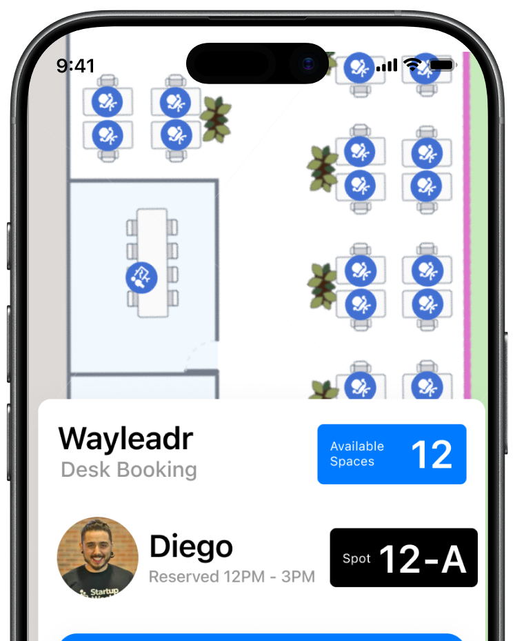 A smartphone screen shows a desk booking app with a floor plan, available spaces count, and a booking for Diego at spot 12-A from 12PM to 3PM.