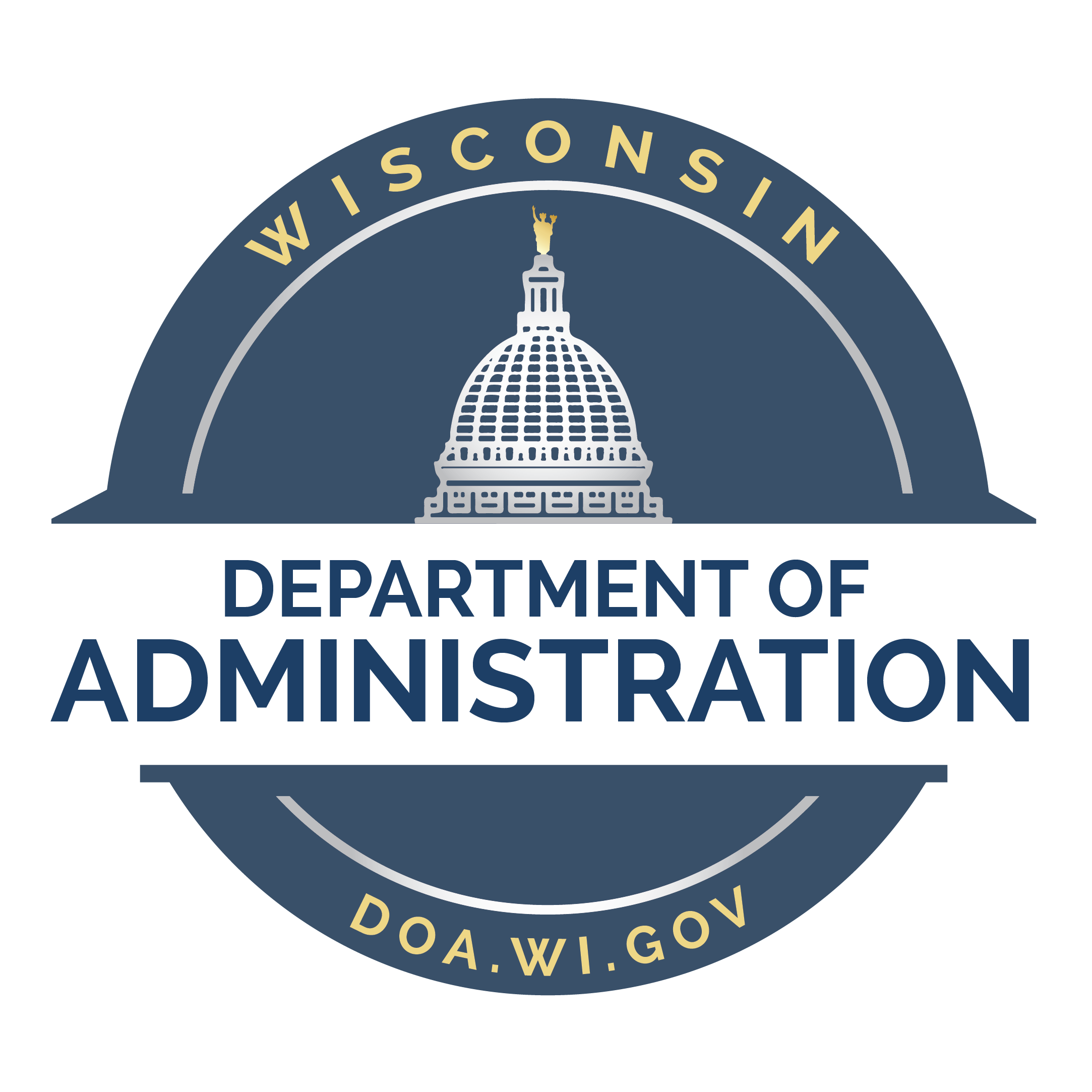 Logo of the Wisconsin DOA featuring a white dome with a gold statue, circular text, and the website doa.wi.gov.