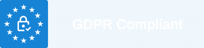 Blue icon with a lock and checkmark inside a circle of stars, next to text that reads "GDPR Compliant" on a light background.