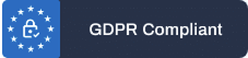 A blue banner with a lock icon surrounded by stars and the text "GDPR Compliant" to indicate adherence to GDPR regulations.
