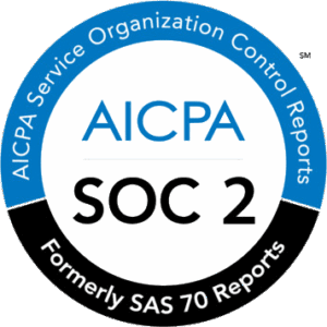 A circular badge with the text "AICPA SOC 2" in the center and "AICPA Service Organization Control Reports, Formerly SAS 70 Reports" around the edges.
